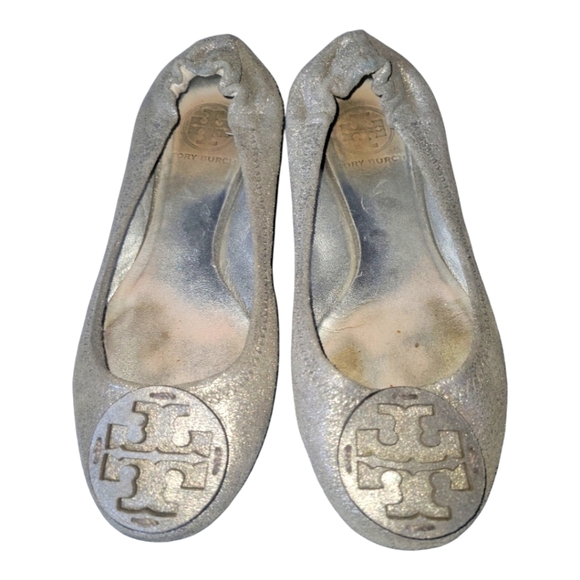Tory Burch Women's Reva Mettalic Shimmer Silver Leather Ballet Flats Sz 6 1/2 M - Picture 1 of 8